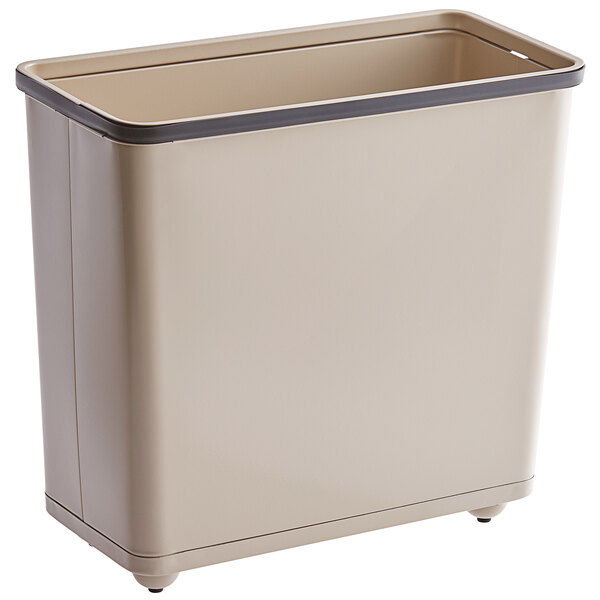a beige plastic bin with a grey top