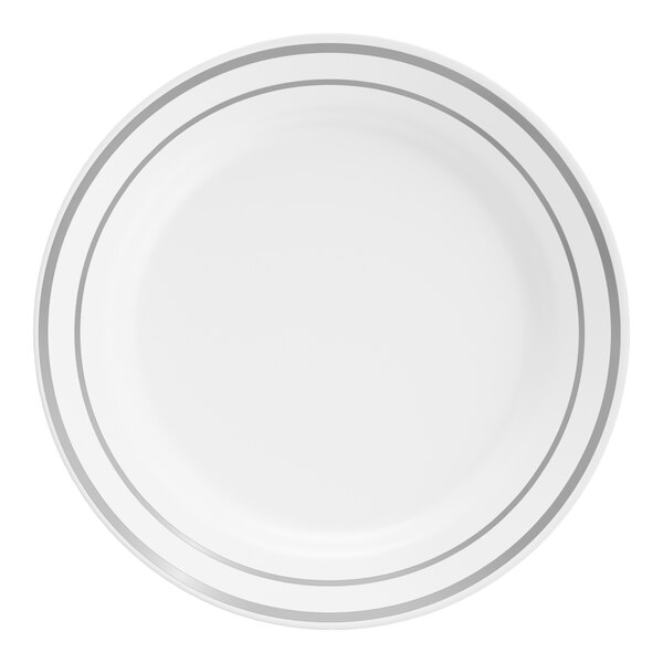 Visions Halo 6" White Plastic Plate with Silver Bands - 15/Sample