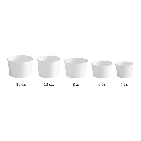 A row of white Choice paper food containers with measurements.