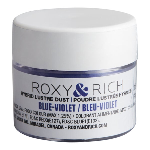 A small jar of Roxy & Rich blue-violet hybrid lustre dust for food decoration.
