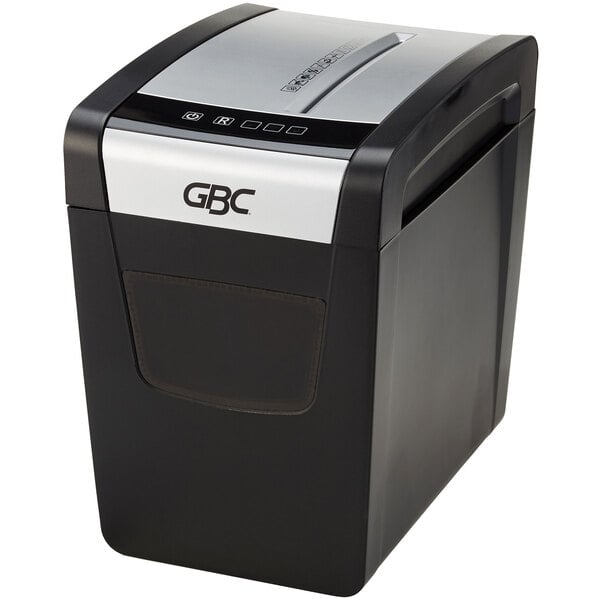 A black and silver GBC ShredMaster paper shredder.