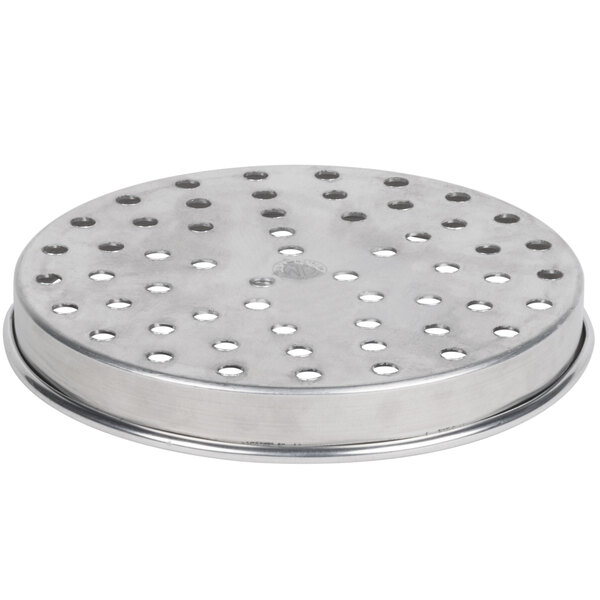 An American Metalcraft heavy weight aluminum pizza pan with holes.