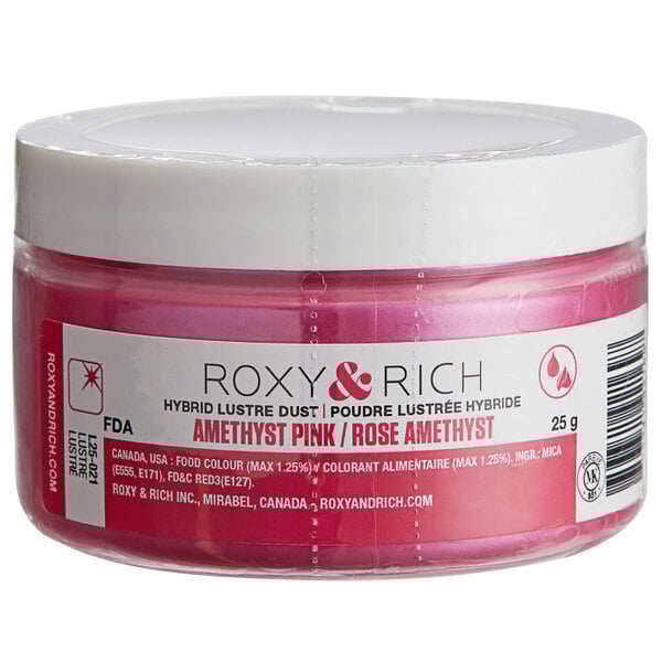 A white jar of Roxy & Rich Amethyst Pink Lustre Dust with a pink label.
