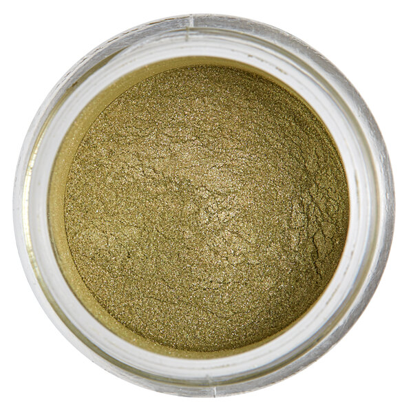 A jar of khaki green powder with white labeling.