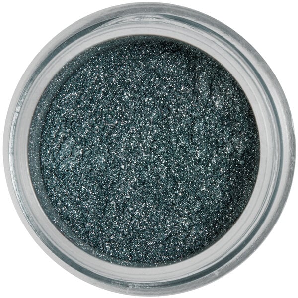 A jar of Roxy & Rich dark silver sparkle dust on a table.