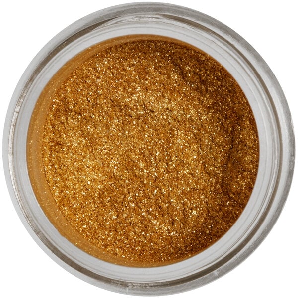 A jar of Roxy & Rich Old Gold Sparkle Dust with golden glitter powder inside.