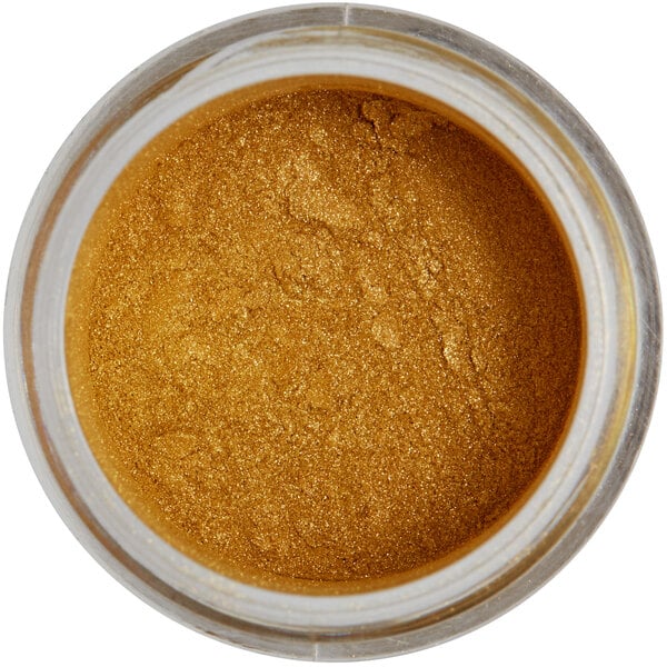 A jar of Roxy & Rich Old Gold Lustre Dust with gold powder inside.