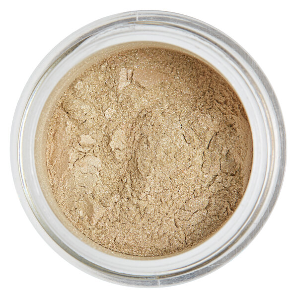 A jar of Roxy & Rich Almond Lustre Dust with gold powder inside.