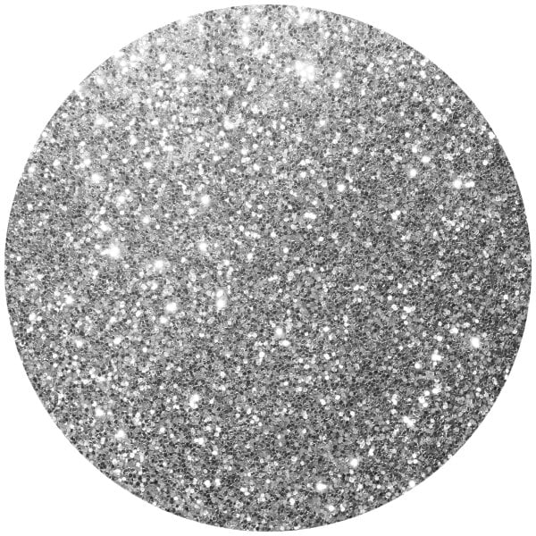 A silver glitter circle with sparkles.