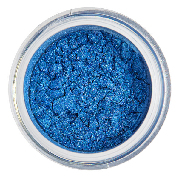 A container of blue powder labeled "Roxy & Rich 25 Gram Royal Blue Lustre Dust"