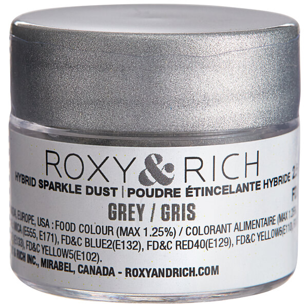A silver Roxy & Rich container of grey powder with black text.