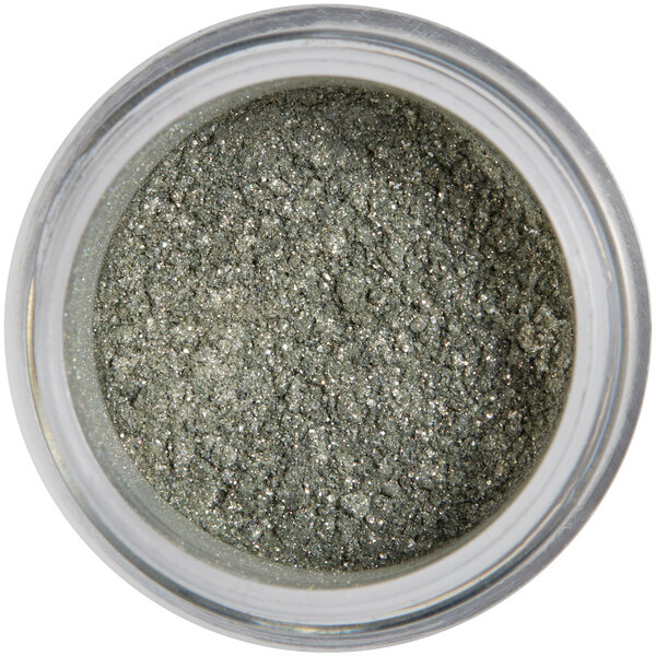 A jar of grey glittery powder with a white label.