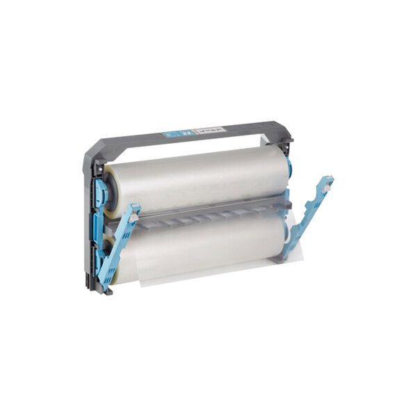 A white plastic roll of GBC Foton 3 mil laminating film with blue handles.