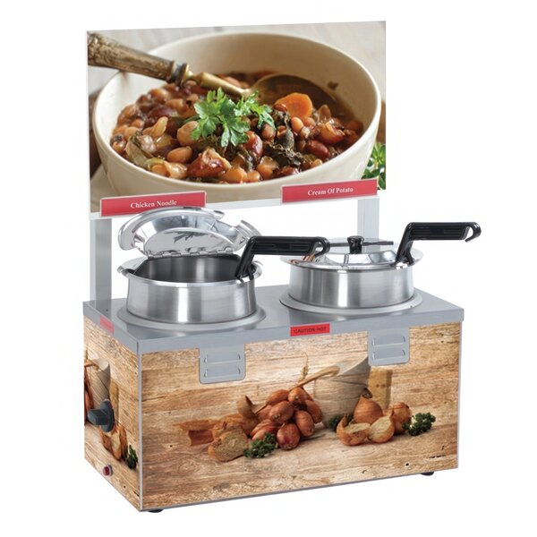 A Nemco countertop soup warmer with two pots of soup on display.