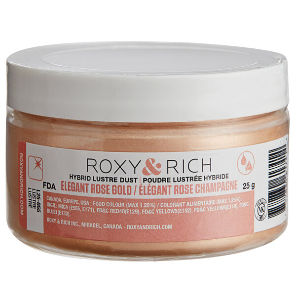 A container of Roxy & Rich Elegant Rose Gold Lustre Dust with gold powder inside.
