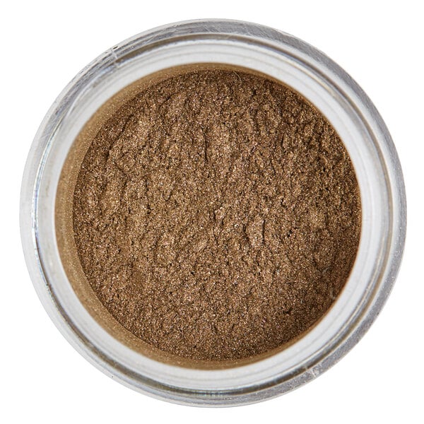 A jar of mahogany brown powder with a white label.