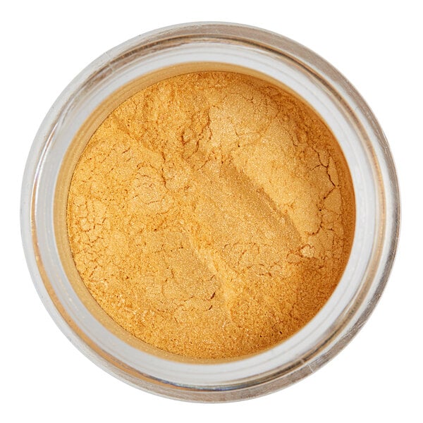 A jar of Roxy & Rich Peach Lustre Dust with gold powder inside.