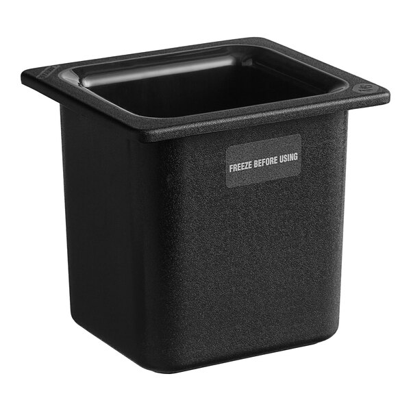 A black Carlisle Coldmaster food pan with a square lid.