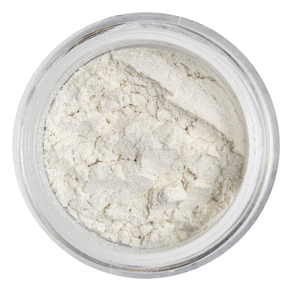 A jar of Roxy & Rich Satin White Lustre Dust, a white powder in a container.