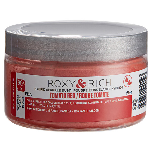 A container of Roxy & Rich tomato red sparkle dust powder.
