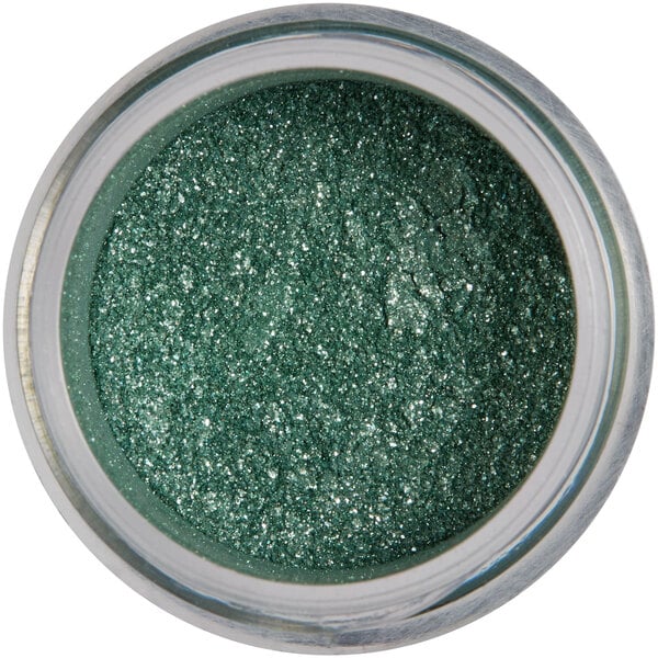 A jar of Roxy & Rich Holly Green Sparkle Dust, a green colored powder with glitter in it.