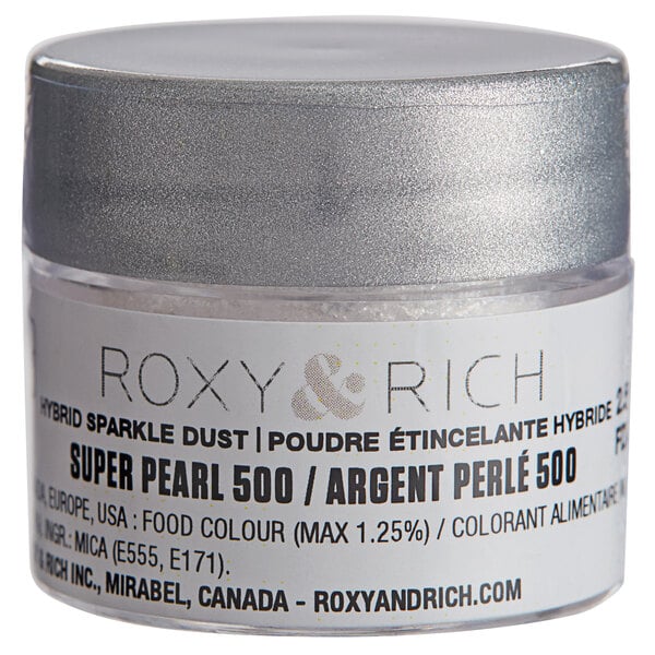 A silver Roxy & Rich container of super pearl sparkle dust with a white label.