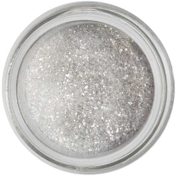 A jar of Roxy & Rich silver sparkle dust with a white lid.