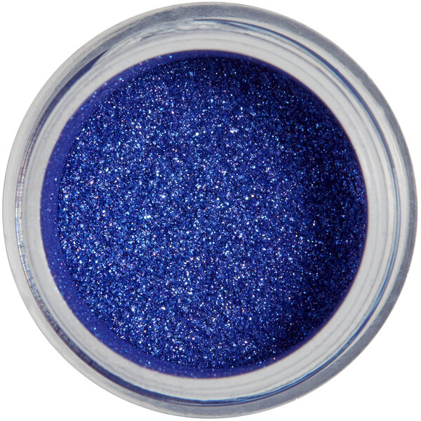 A jar of Roxy & Rich Blue Violet Sparkle Dust with blue glitter inside.