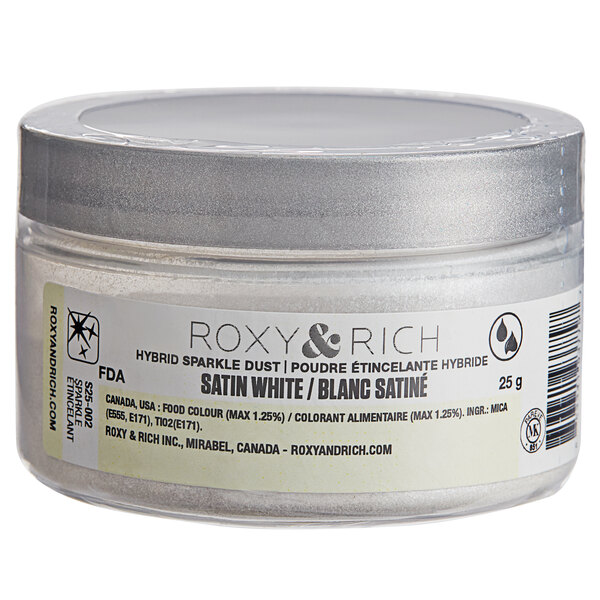 A white Roxy & Rich container of Satin White Sparkle Dust with a white label.