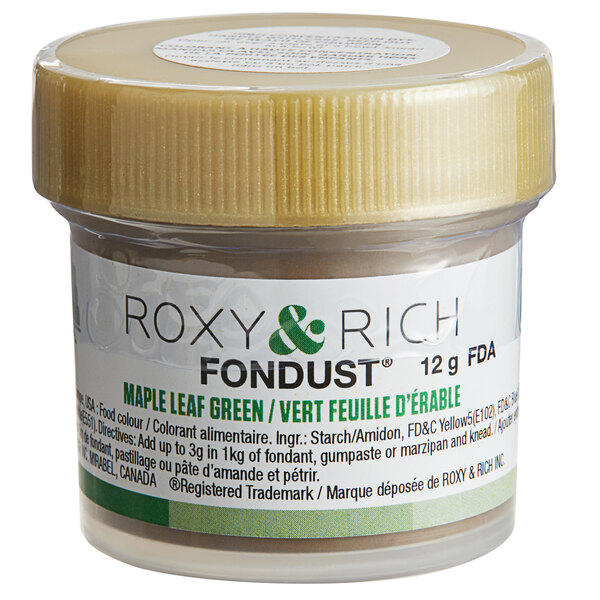 A small plastic container of Roxy & Rich Maple Leaf Green Fondust with a lid.