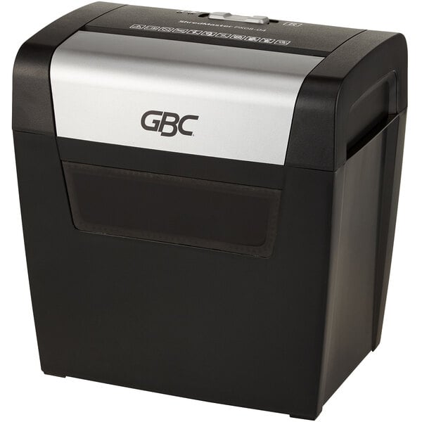 A black and silver GBC ShredMaster paper shredder.