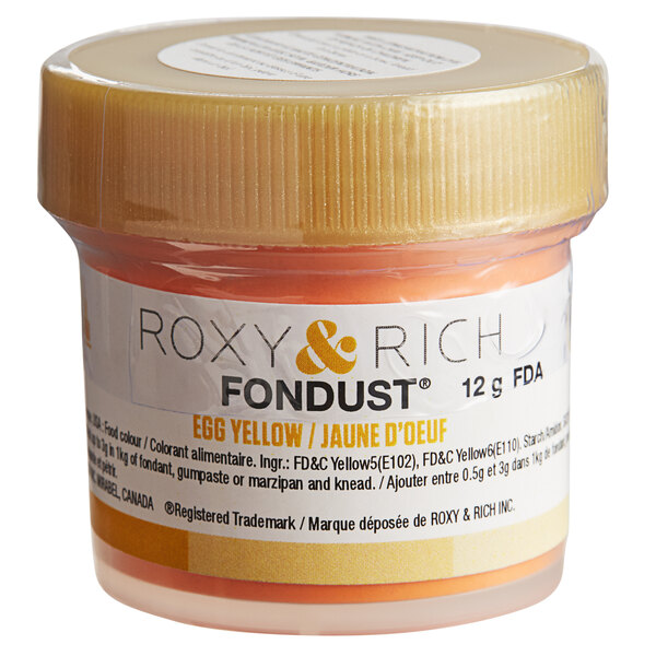 A container of Roxy & Rich Egg Yellow Fondust food coloring.