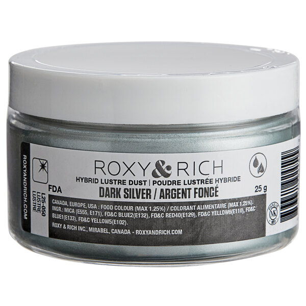 A white container of Roxy & Rich dark silver lustre dust powder with a white label.
