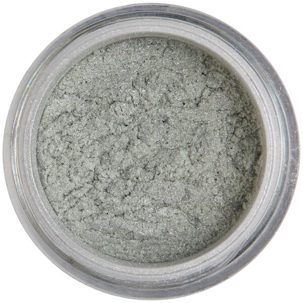 A jar of Roxy & Rich Nu Silver Lustre Dust with silver mineral powder inside.