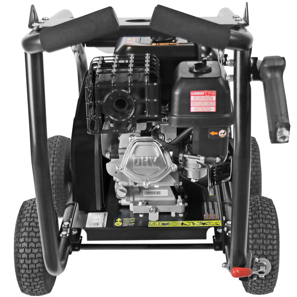A Simpson gas powered pressure washer with a roll cage and wheels.