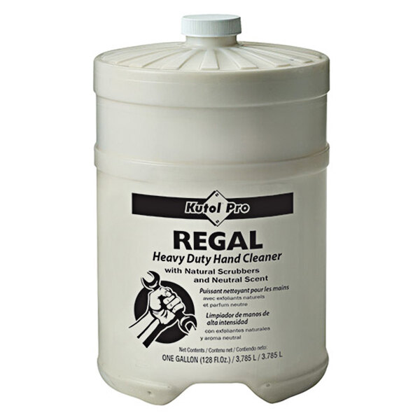 A white plastic Kutol container with a black and white label and a white lid for regal hand cleaner.