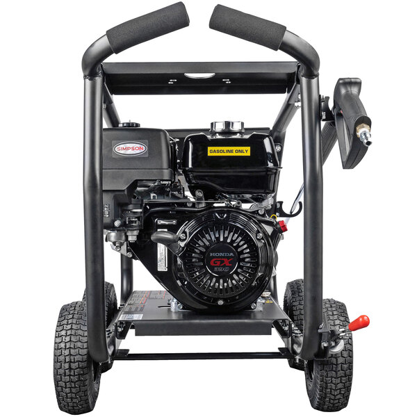A black Simpson Super Pro pressure washer with wheels.
