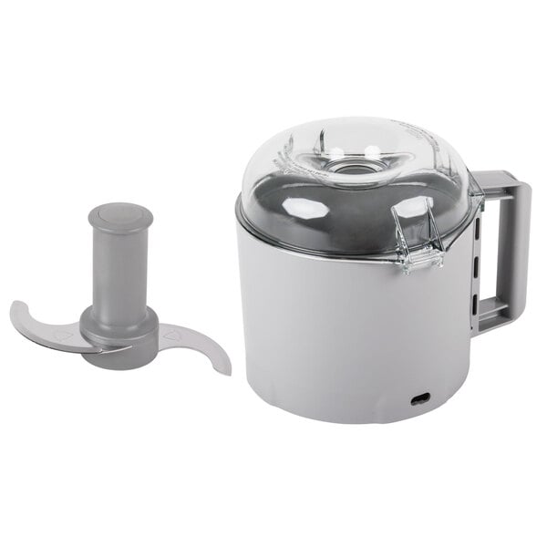 A Robot Coupe gray cutter bowl with a clear lid and blade.