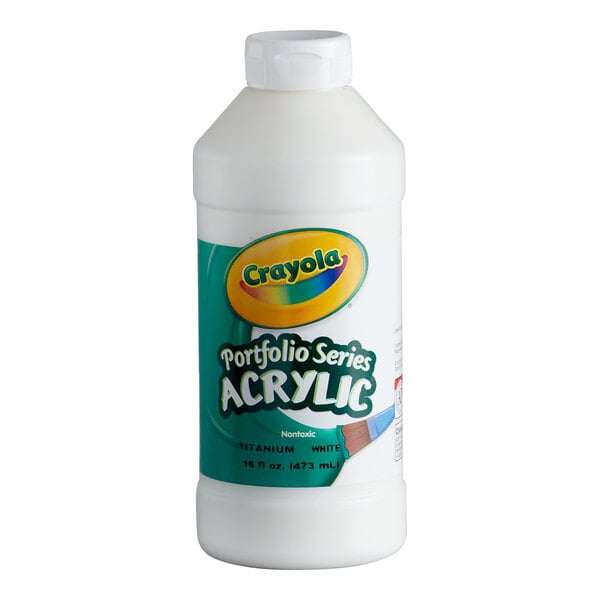 A white plastic bottle with a white cap and a green and white label indicating it contains Crayola Portfolio Series acrylic paint.