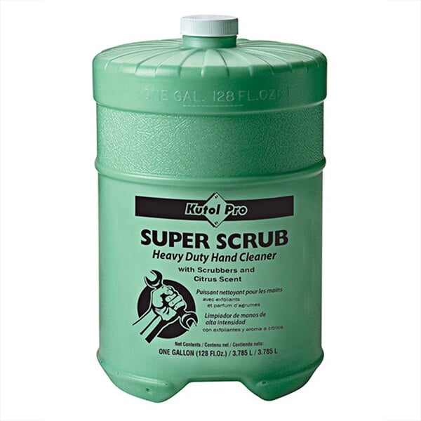 A green Kutol Pro gallon container of Super Scrub with a white flat top lid and label.