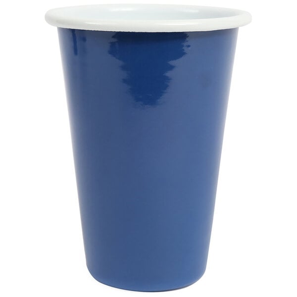 A medium blue enamelware tumbler with a white rim.