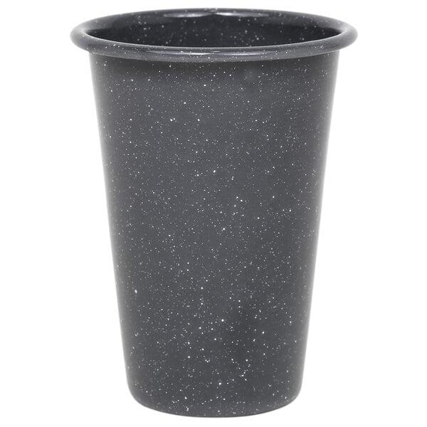 A grey enamel tumbler with black speckles.