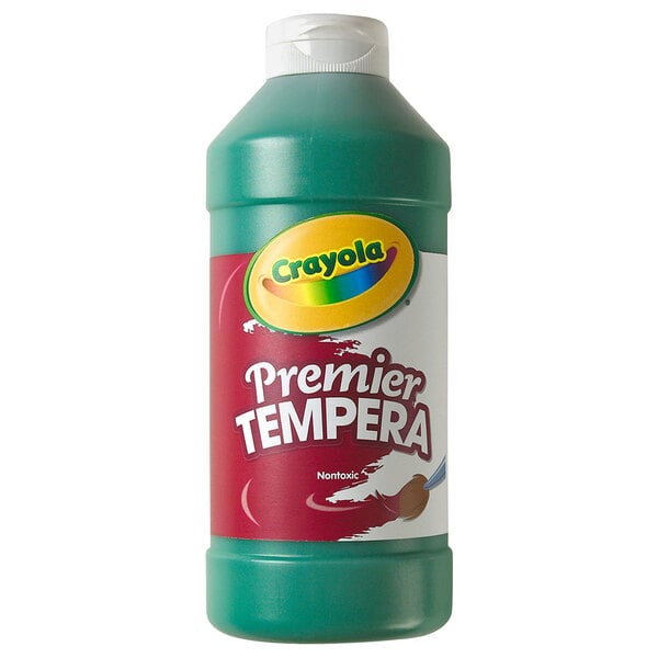 A green Crayola Premier Tempera Paint bottle with a white label.