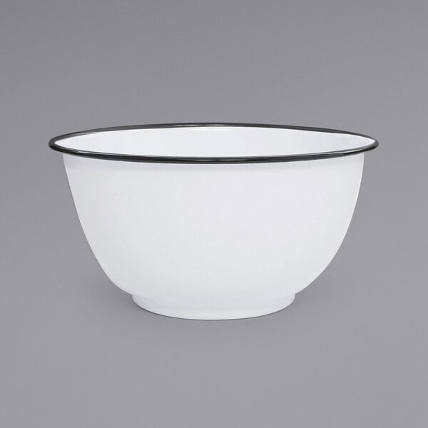 A white bowl with a black rim.