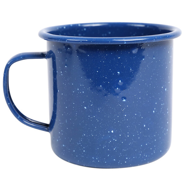 a blue mug with a handle