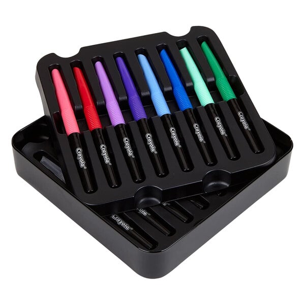 A black tray with different colored Crayola Signature Blending Markers.