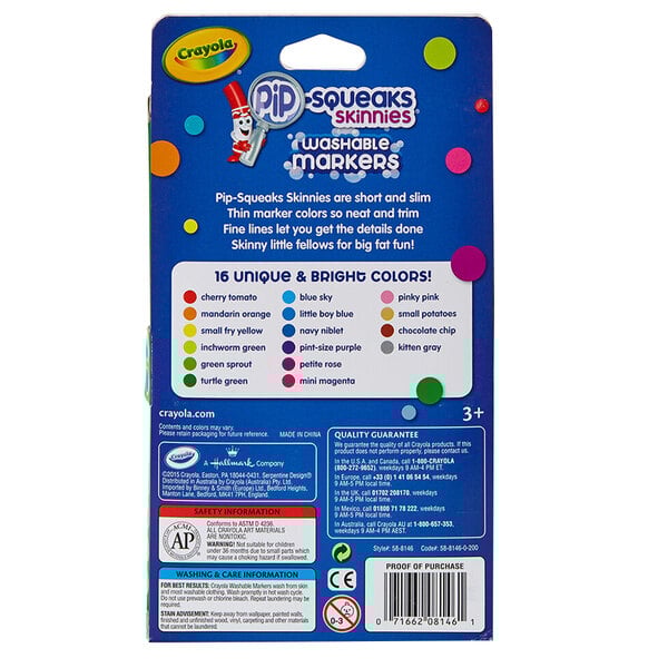 A blue box of Crayola Pip-Squeaks washable markers with colorful dots and white text.