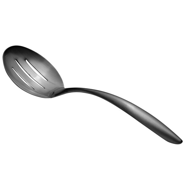 A Bon Chef black matte stainless steel slotted serving spoon with a handle.