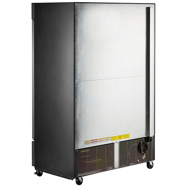 A black Beverage-Air reach-in freezer with a stainless steel surface and wheels.