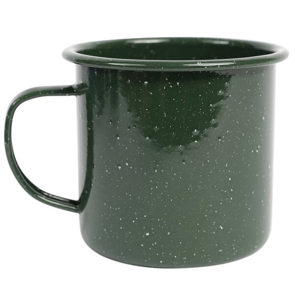 A Crow Canyon Home forest green enamel mug with a speckled design and handle.